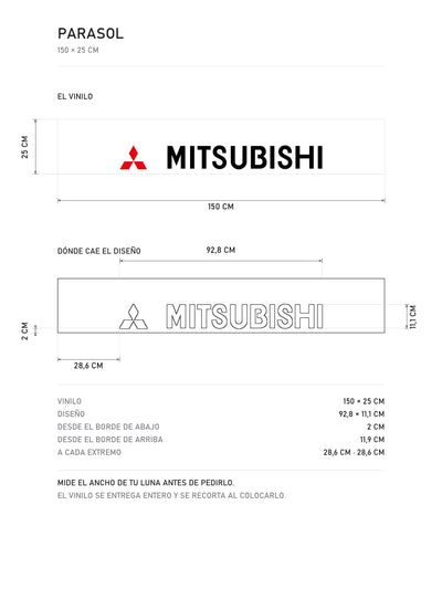 Lamina de medidas del parasol Mitsubishi blanco con el lettering MITSUBISHI en negro y un diamante rojo a la izquierda: el vinilo de 150 x 25 cm, donde cae el diseño dentro de la tira y la tabla de medidas, de MOA-Grafics.