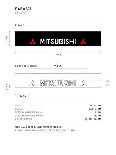 Lamina de medidas del parasol Mitsubishi negro con el lettering MITSUBISHI en blanco y un diamante rojo a cada lado: el vinilo de 150 x 25 cm, donde cae el diseño dentro de la tira y la tabla de medidas, de MOA-Grafics.