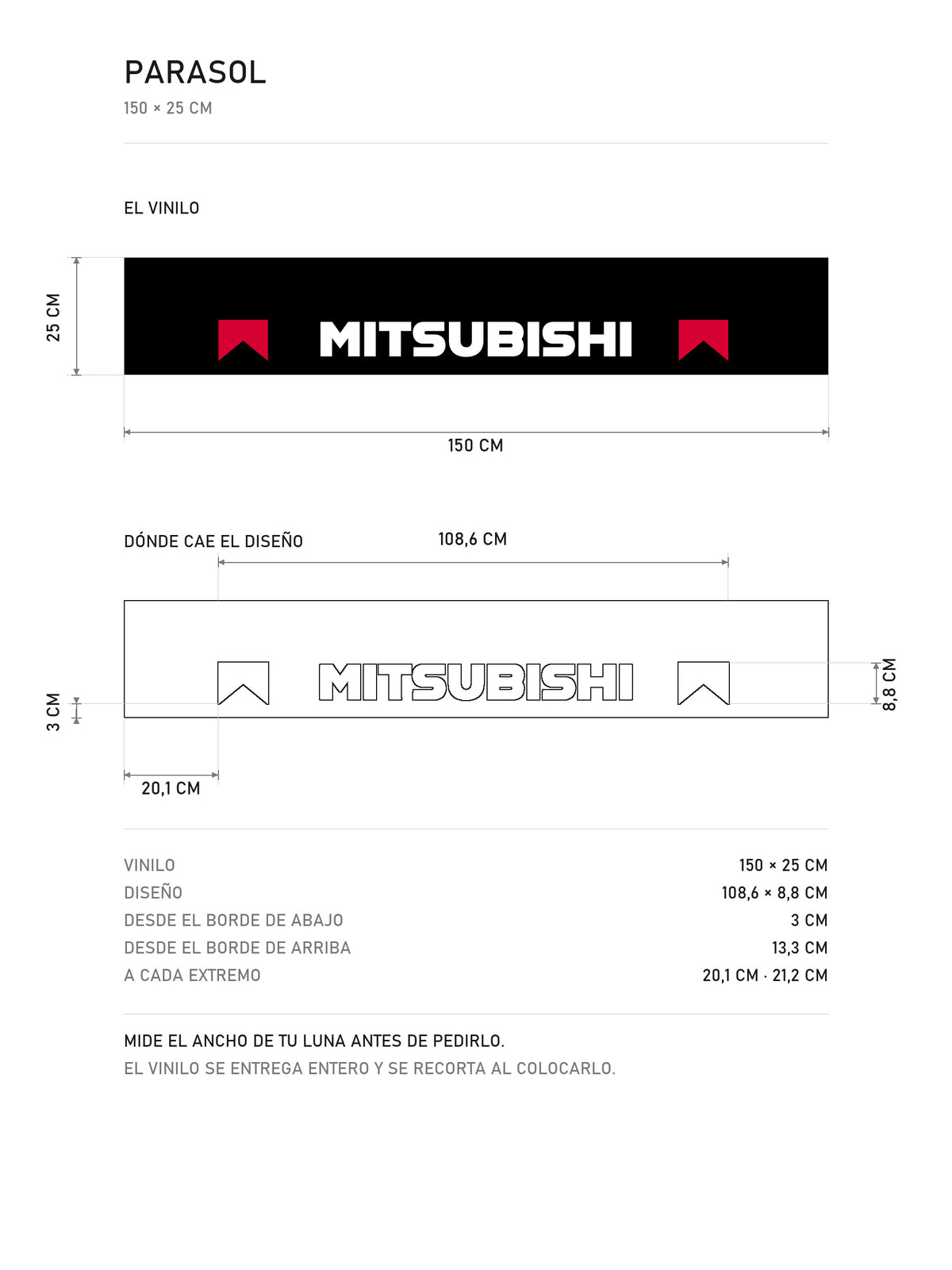 Lamina de medidas del parasol Mitsubishi negro con el lettering MITSUBISHI en blanco y los banderines rojos de la livrea de rally: el vinilo de 150 x 25 cm, donde cae el diseño dentro de la tira y la tabla de medidas, de MOA-Grafics.