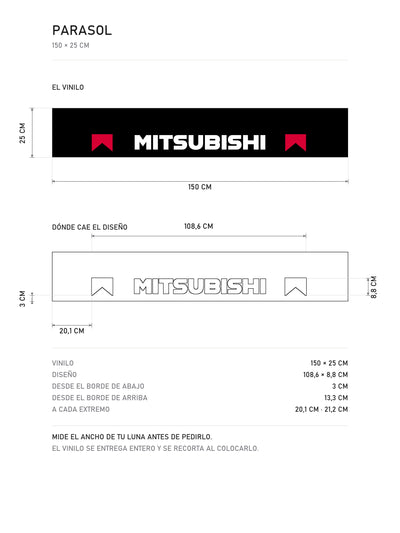 Lamina de medidas del parasol Mitsubishi negro con el lettering MITSUBISHI en blanco y los banderines rojos de la livrea de rally: el vinilo de 150 x 25 cm, donde cae el diseño dentro de la tira y la tabla de medidas, de MOA-Grafics.