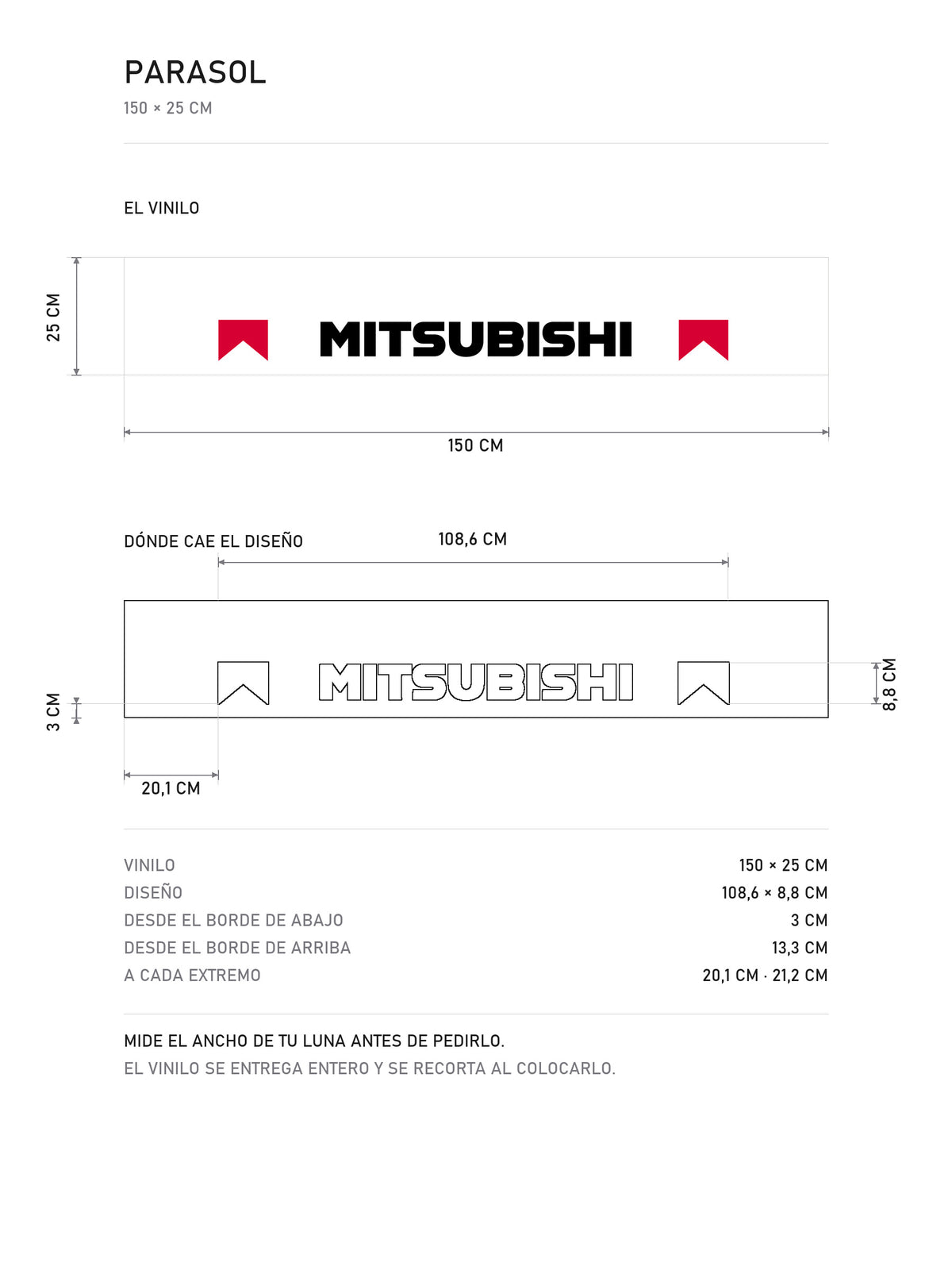 Lamina de medidas del parasol Mitsubishi blanco con el lettering MITSUBISHI en negro y los banderines rojos de la livrea de rally: el vinilo de 150 x 25 cm, donde cae el diseño dentro de la tira y la tabla de medidas, de MOA-Grafics.