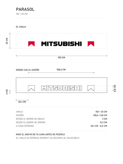 Lamina de medidas del parasol Mitsubishi blanco con el lettering MITSUBISHI en negro y los banderines rojos de la livrea de rally: el vinilo de 150 x 25 cm, donde cae el diseño dentro de la tira y la tabla de medidas, de MOA-Grafics.
