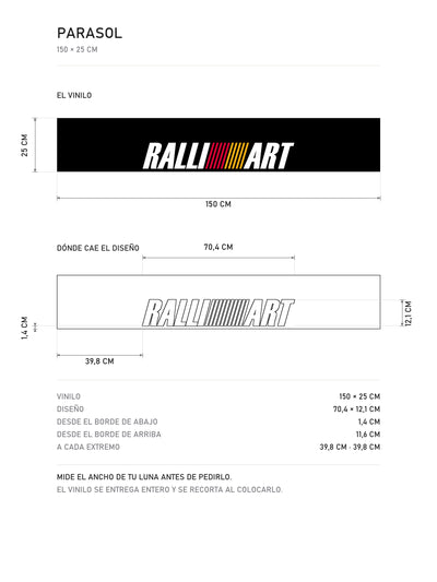 Lamina de medidas del parasol Ralliart · Logo Estilizado: el vinilo de 150 x 25 cm, donde cae el diseño dentro de la tira y la tabla de medidas, de MOA-Grafics.