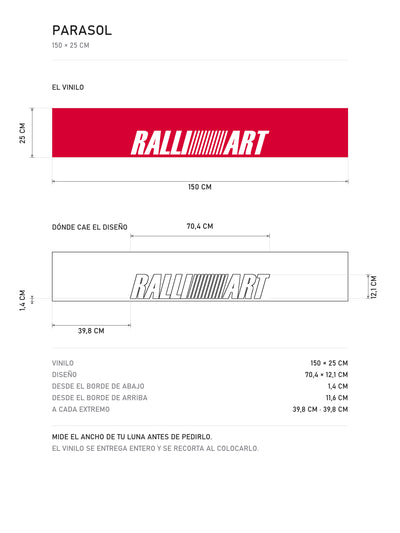 Lamina de medidas del parasol Ralliart · Logo Estilizado: el vinilo de 150 x 25 cm, donde cae el diseño dentro de la tira y la tabla de medidas, de MOA-Grafics.