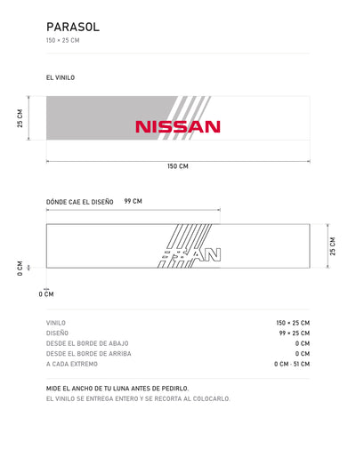 Lamina de medidas del parasol Nissan blanco con el lettering NISSAN y las franjas grises: el vinilo de 150 x 25 cm, donde cae el diseño dentro de la tira y la tabla de medidas, de MOA-Grafics.