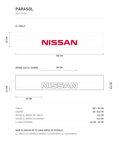 Lamina de medidas del parasol Nissan blanco con el logotipo NISSAN en rojo: el vinilo de 150 x 25 cm, donde cae el diseño dentro de la tira y la tabla de medidas, de MOA-Grafics.