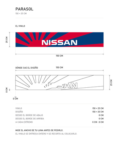 Lamina de medidas del parasol Nissan azul con las lineas de velocidad en rojo: el vinilo de 150 x 25 cm, donde cae el diseño dentro de la tira y la tabla de medidas, de MOA-Grafics.