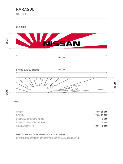 Lamina de medidas del parasol Nissan blanco con las lineas de velocidad en rojo: el vinilo de 150 x 25 cm, donde cae el diseño dentro de la tira y la tabla de medidas, de MOA-Grafics.