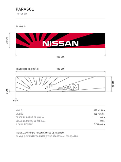 Lamina de medidas del parasol Nissan negro con las lineas de velocidad en rojo: el vinilo de 150 x 25 cm, donde cae el diseño dentro de la tira y la tabla de medidas, de MOA-Grafics.
