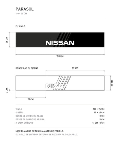 Lamina de medidas del parasol Nissan negro con el lettering NISSAN y las franjas grises: el vinilo de 150 x 25 cm, donde cae el diseño dentro de la tira y la tabla de medidas, de MOA-Grafics.