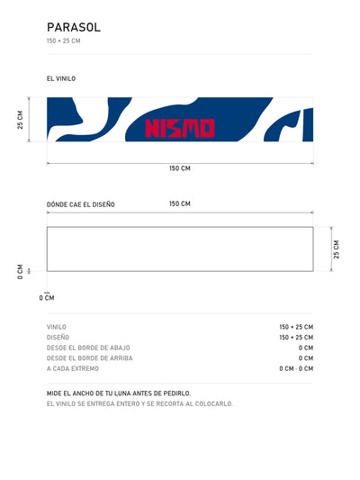 Lamina de medidas del parasol Nissan NISMO con la livery Super GT en azul y blanco: el vinilo de 150 x 25 cm, donde cae el diseño dentro de la tira y la tabla de medidas, de MOA-Grafics.