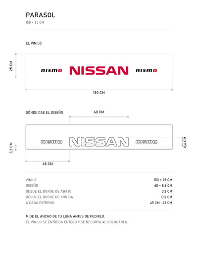 Lamina de medidas del parasol Nissan NISMO blanco con la composicion lateral en rojo: el vinilo de 150 x 25 cm, donde cae el diseño dentro de la tira y la tabla de medidas, de MOA-Grafics.