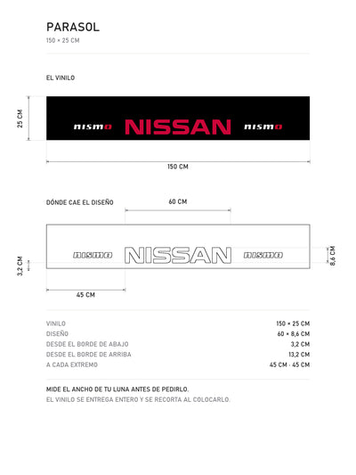 Lamina de medidas del parasol Nissan NISMO negro con la composicion lateral en rojo: el vinilo de 150 x 25 cm, donde cae el diseño dentro de la tira y la tabla de medidas, de MOA-Grafics.