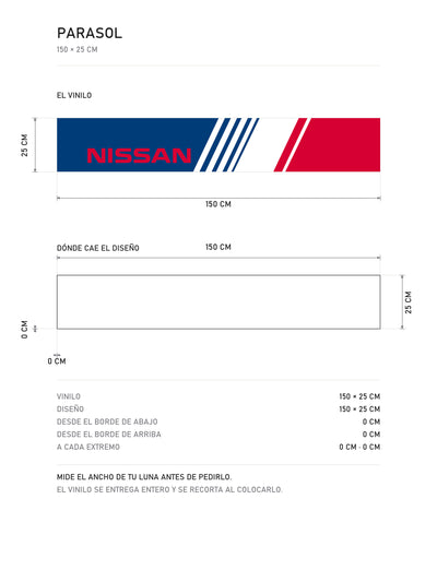 Lamina de medidas del parasol Nissan con la livery tricolor de los ochenta: el vinilo de 150 x 25 cm, donde cae el diseño dentro de la tira y la tabla de medidas, de MOA-Grafics.