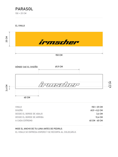 Lamina de medidas del parasol Opel Irmscher · Cursiva del Preparador: el vinilo de 150 x 25 cm, donde cae el diseño dentro de la tira y la tabla de medidas, de MOA-Grafics.