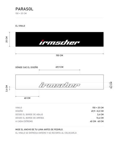 Lamina de medidas del parasol Opel Irmscher · Cursiva del Preparador: el vinilo de 150 x 25 cm, donde cae el diseño dentro de la tira y la tabla de medidas, de MOA-Grafics.