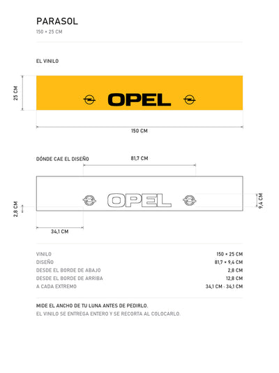 Lamina de medidas del parasol Opel · Logo Blitz y Lettering Institucional: el vinilo de 150 x 25 cm, donde cae el diseño dentro de la tira y la tabla de medidas, de MOA-Grafics.