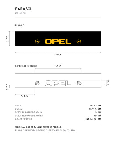 Lamina de medidas del parasol Opel · Logo Blitz y Lettering Institucional: el vinilo de 150 x 25 cm, donde cae el diseño dentro de la tira y la tabla de medidas, de MOA-Grafics.