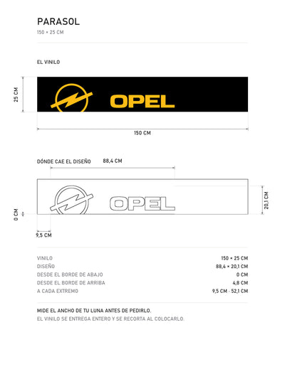 Lamina de medidas del parasol Opel · Logo Blitz y Speed Stripes: el vinilo de 150 x 25 cm, donde cae el diseño dentro de la tira y la tabla de medidas, de MOA-Grafics.