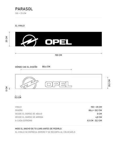 Lamina de medidas del parasol Opel · Logo Blitz y Speed Stripes: el vinilo de 150 x 25 cm, donde cae el diseño dentro de la tira y la tabla de medidas, de MOA-Grafics.