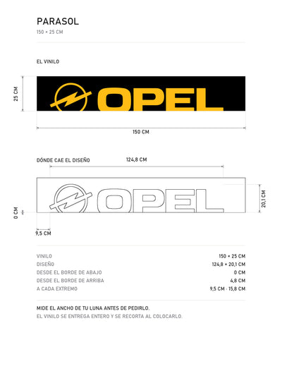Lamina de medidas del parasol Opel · Lettering Inclinado Dinámico: el vinilo de 150 x 25 cm, donde cae el diseño dentro de la tira y la tabla de medidas, de MOA-Grafics.