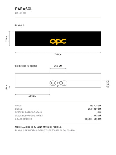 Lamina de medidas del parasol Opel OPC · Lettering Performance Center: el vinilo de 150 x 25 cm, donde cae el diseño dentro de la tira y la tabla de medidas, de MOA-Grafics.