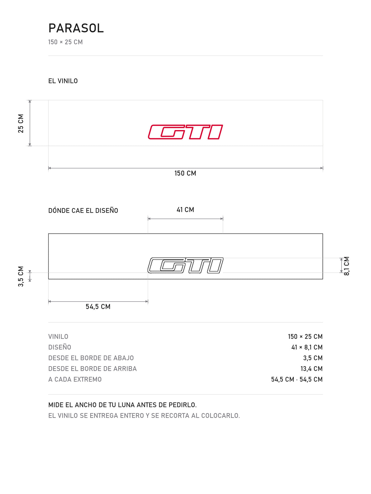 Lamina de medidas del parasol Peugeot GTI · Cartouche Clásico Hot Hatch: el vinilo de 150 x 25 cm, donde cae el diseño dentro de la tira y la tabla de medidas, de MOA-Grafics.