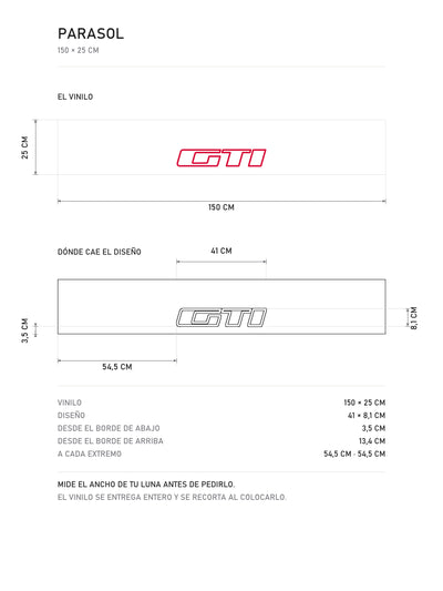 Lamina de medidas del parasol Peugeot GTI · Cartouche Clásico Hot Hatch: el vinilo de 150 x 25 cm, donde cae el diseño dentro de la tira y la tabla de medidas, de MOA-Grafics.