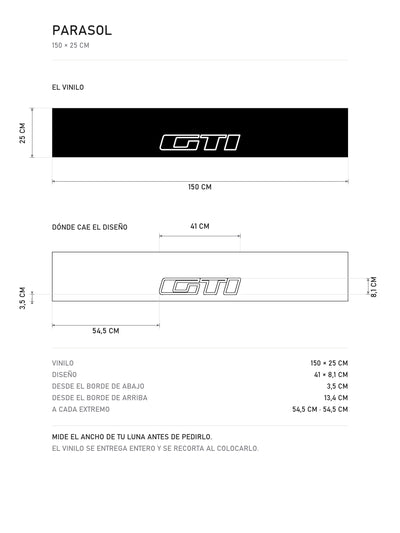 Lamina de medidas del parasol Peugeot GTI · Cartouche Clásico Hot Hatch: el vinilo de 150 x 25 cm, donde cae el diseño dentro de la tira y la tabla de medidas, de MOA-Grafics.