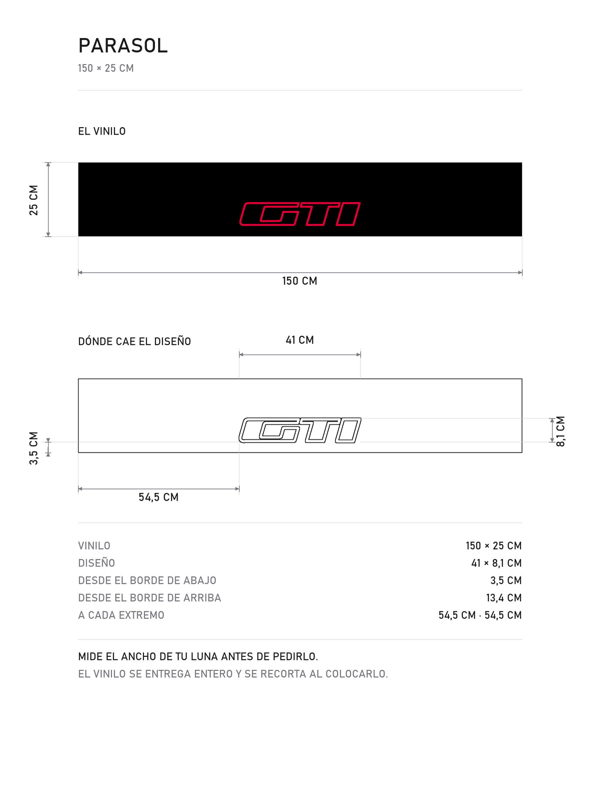 Lamina de medidas del parasol Peugeot GTI · Cartouche Clásico Hot Hatch: el vinilo de 150 x 25 cm, donde cae el diseño dentro de la tira y la tabla de medidas, de MOA-Grafics.