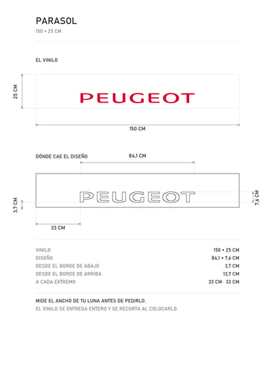 Lamina de medidas del parasol Peugeot · Lettering Mayúsculas Elegante: el vinilo de 150 x 25 cm, donde cae el diseño dentro de la tira y la tabla de medidas, de MOA-Grafics.