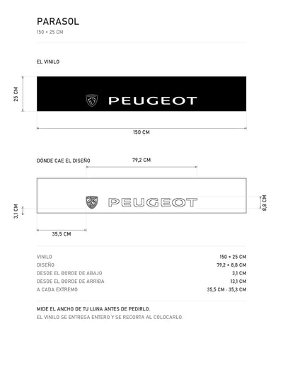 Lamina de medidas del parasol Peugeot · Escudo del León 2021: el vinilo de 150 x 25 cm, donde cae el diseño dentro de la tira y la tabla de medidas, de MOA-Grafics.