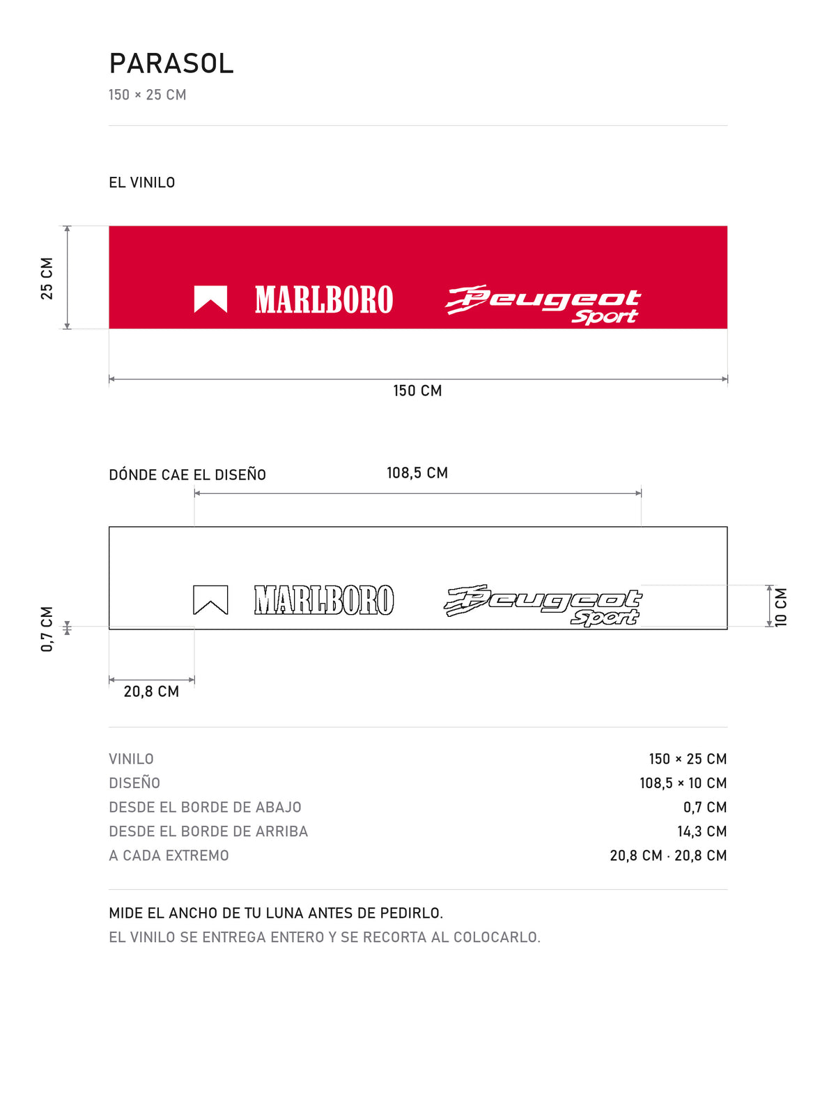 Lamina de medidas del parasol Peugeot 905 · Livery Marlboro Le Mans: el vinilo de 150 x 25 cm, donde cae el diseño dentro de la tira y la tabla de medidas, de MOA-Grafics.