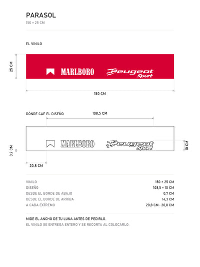 Lamina de medidas del parasol Peugeot 905 · Livery Marlboro Le Mans: el vinilo de 150 x 25 cm, donde cae el diseño dentro de la tira y la tabla de medidas, de MOA-Grafics.