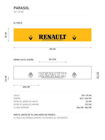 Lamina de medidas del parasol Renault · Rombo Vasarely y Serif: el vinilo de 150 x 25 cm, donde cae el diseño dentro de la tira y la tabla de medidas, de MOA-Grafics.