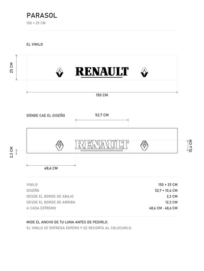 Lamina de medidas del parasol Renault · Rombo Vasarely y Serif: el vinilo de 150 x 25 cm, donde cae el diseño dentro de la tira y la tabla de medidas, de MOA-Grafics.