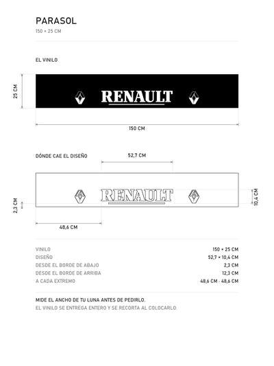 Lamina de medidas del parasol Renault · Rombo Vasarely y Serif: el vinilo de 150 x 25 cm, donde cae el diseño dentro de la tira y la tabla de medidas, de MOA-Grafics.