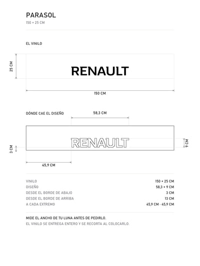 Lamina de medidas del parasol Renault · Lettering Sans-Serif Institucional: el vinilo de 150 x 25 cm, donde cae el diseño dentro de la tira y la tabla de medidas, de MOA-Grafics.