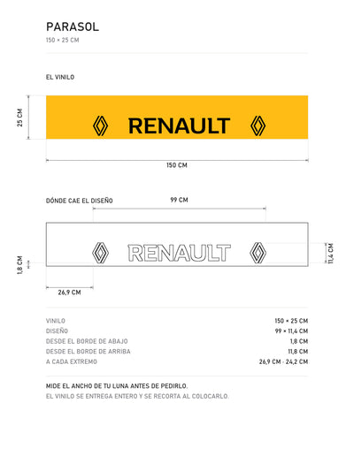 Lamina de medidas del parasol Renault · Logo del Rombo Doble Lateral: el vinilo de 150 x 25 cm, donde cae el diseño dentro de la tira y la tabla de medidas, de MOA-Grafics.