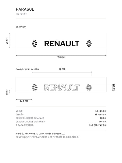 Lamina de medidas del parasol Renault · Logo del Rombo Doble Lateral: el vinilo de 150 x 25 cm, donde cae el diseño dentro de la tira y la tabla de medidas, de MOA-Grafics.