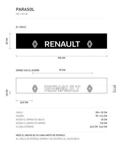 Lamina de medidas del parasol Renault · Logo del Rombo Doble Lateral: el vinilo de 150 x 25 cm, donde cae el diseño dentro de la tira y la tabla de medidas, de MOA-Grafics.