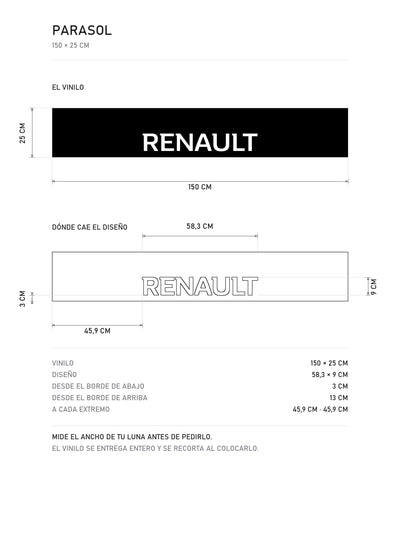 Lamina de medidas del parasol Renault · Lettering Sans-Serif Institucional: el vinilo de 150 x 25 cm, donde cae el diseño dentro de la tira y la tabla de medidas, de MOA-Grafics.
