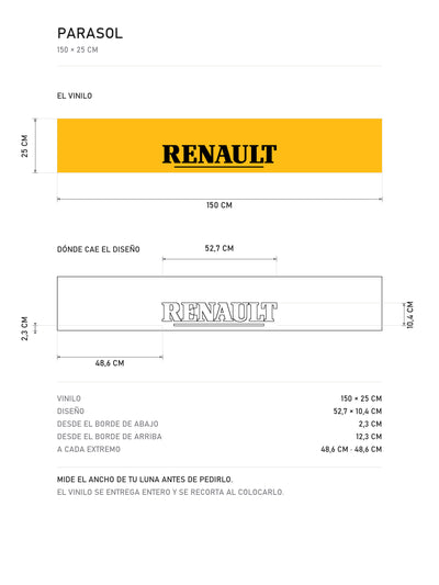 Lamina de medidas del parasol Renault · Lettering Serif Heritage Clásico: el vinilo de 150 x 25 cm, donde cae el diseño dentro de la tira y la tabla de medidas, de MOA-Grafics.