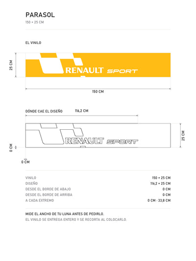 Lamina de medidas del parasol Renault Sport · Livery Amarilla Saturada: el vinilo de 150 x 25 cm, donde cae el diseño dentro de la tira y la tabla de medidas, de MOA-Grafics.