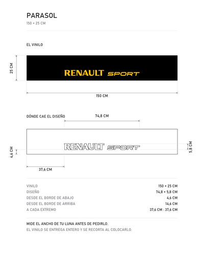 Lamina de medidas del parasol Renault Sport · Lettering Institucional Moderno: el vinilo de 150 x 25 cm, donde cae el diseño dentro de la tira y la tabla de medidas, de MOA-Grafics.