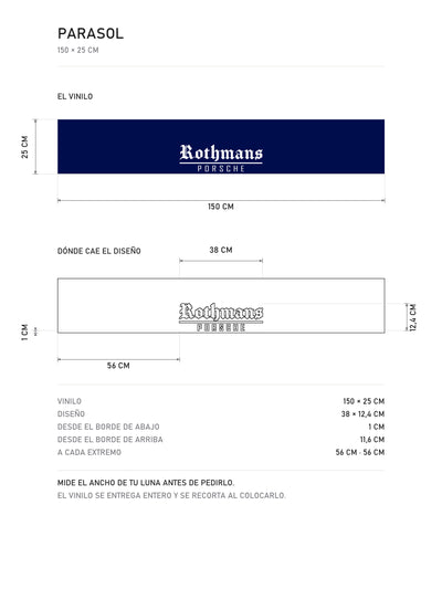 Lamina de medidas del parasol Rothmans Porsche · Livery Rally 1981-1988: el vinilo de 150 x 25 cm, donde cae el diseño dentro de la tira y la tabla de medidas, de MOA-Grafics.