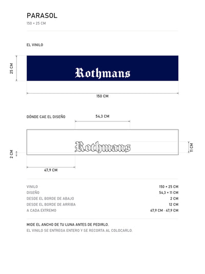 Lamina de medidas del parasol Rothmans · Librea Azul y Blanca: el vinilo de 150 x 25 cm, donde cae el diseño dentro de la tira y la tabla de medidas, de MOA-Grafics.