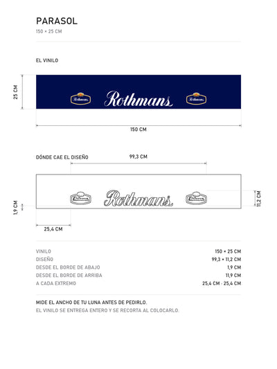 Lamina de medidas del parasol Rothmans · Estilo Clásico Motorsport: el vinilo de 150 x 25 cm, donde cae el diseño dentro de la tira y la tabla de medidas, de MOA-Grafics.