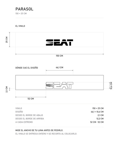 Lamina de medidas del parasol Seat · Tipografía Minimalista: el vinilo de 150 x 25 cm, donde cae el diseño dentro de la tira y la tabla de medidas, de MOA-Grafics.