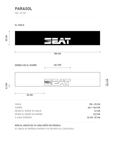 Lamina de medidas del parasol Seat · Tipografía Minimalista: el vinilo de 150 x 25 cm, donde cae el diseño dentro de la tira y la tabla de medidas, de MOA-Grafics.